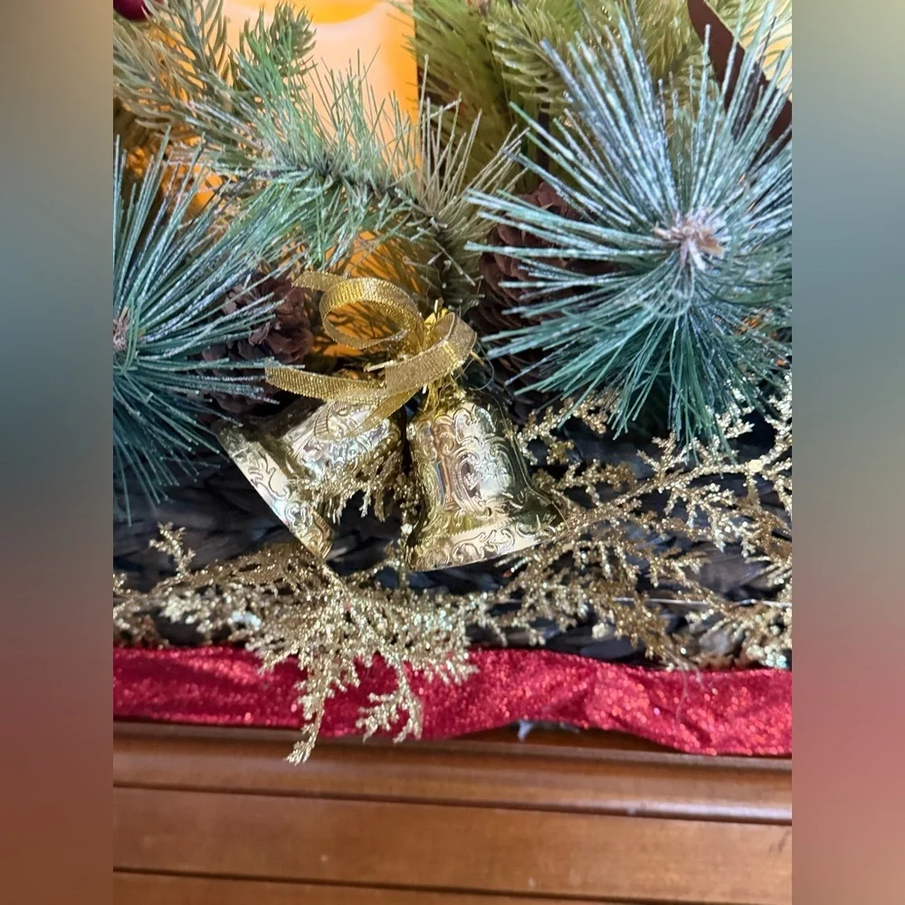 XL 25”  Festive Holiday Candle Gold Centerpiece with Greenery - Home Holiday